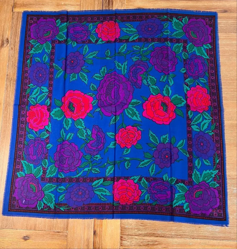 Vintage Challis by Berkshire Floral Scarf Blue Purple Pink made in Japan 31”